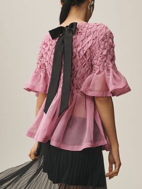 Maeve rhinestone sheer baby doll blouse Anthropologie Pink